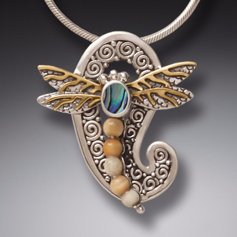 FOSSILIZED WALRUS TUSK SILVER DRAGONFLY PENDANT PAUA JEWELRY WITH 14KT GOLD FILL - PAISLEY DRAGONFLY