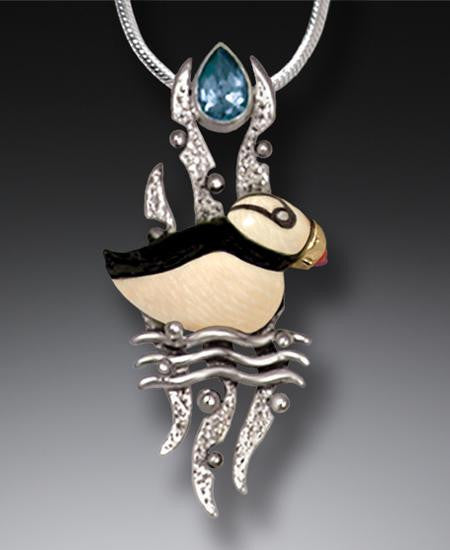 "Puffin" Ancient Fossilized Mammoth Tusk and Blue Topaz Silver Pendant