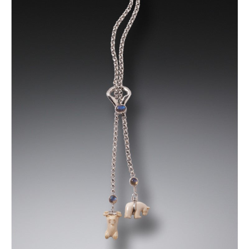 "Little Bears" Ancient Fossilized Mammoth Ivory Tusk and Labradorite Silver Pendant