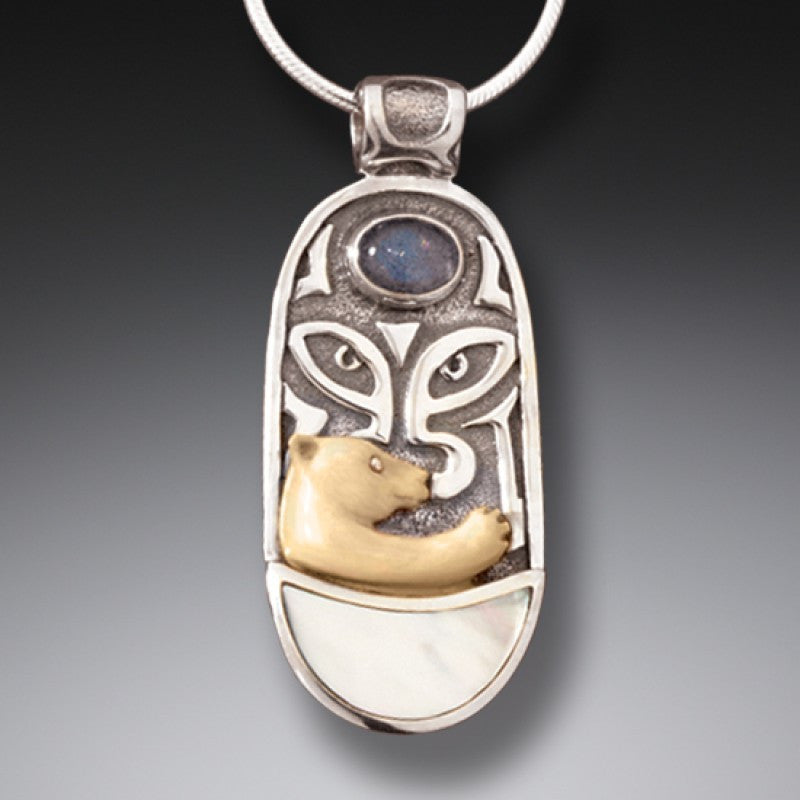 "Totem Bear" Ancient Mammoth Tusk, Labradorite and Mother of Pearl Polar Bear Pendant