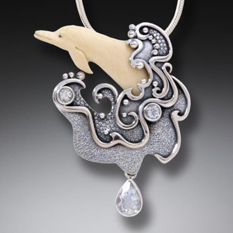 "Sea Spirit" Fossilized Mammoth Tusk, Rainbow Moonstone Sterling Silver Pendant