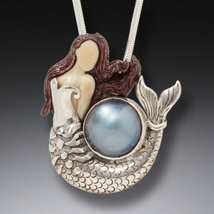 "Ocean Pearl" Fossil Mammoth Tusk and Pearl Sterling Silver Pendant