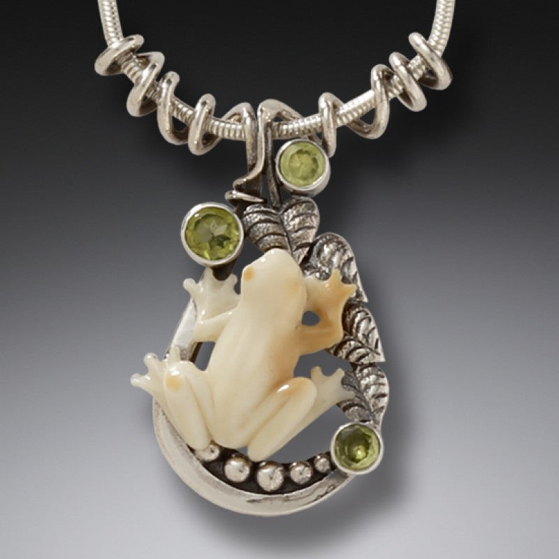 FOSSILIZED WALRUS TUSK HANDMADE SILVER FROG NECKLACE - TREE FROG