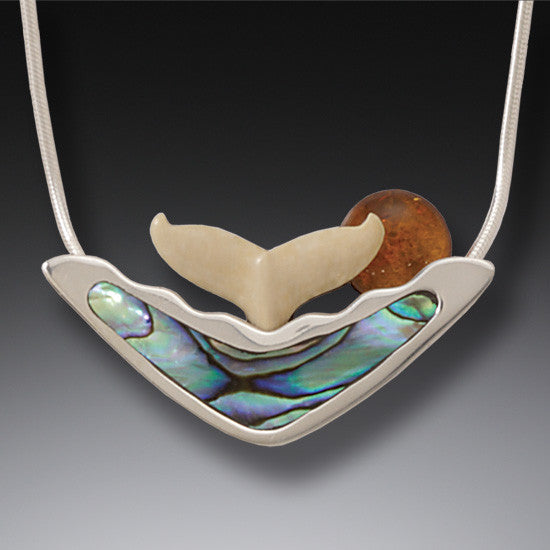 "Sunset Spray," Ancient Fossilized Mammoth Tusk, Amber and Paua Silver Pendant
