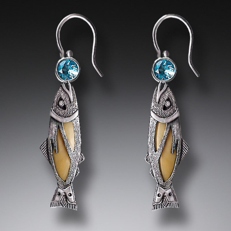 "Treasures from the Stream" Ancient Fossilized Walrus Tusk Ivory and Blue Topaz Silver Earrings