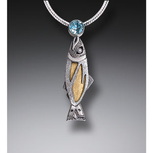 HANDMADE SILVER JEWELED FISH NECKLACE WITH FOSSILIZED WALRUS TUSK AND BLUE TOPAZ - TREASURES FROM THE STREAM