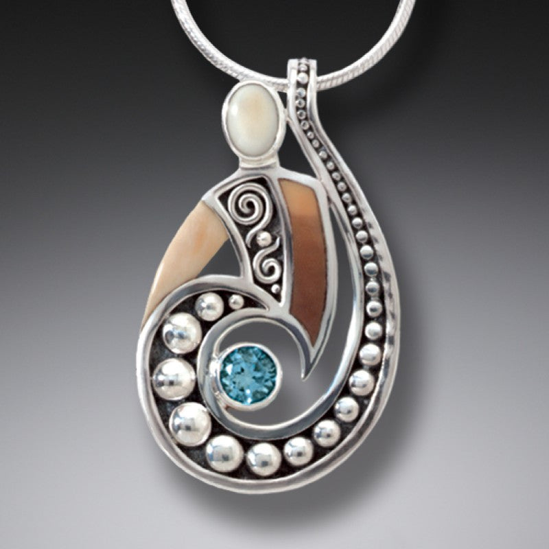 "Spiral Power" Ancient Fossilized Walrus Tusk and Blue Topaz Silver Pendant