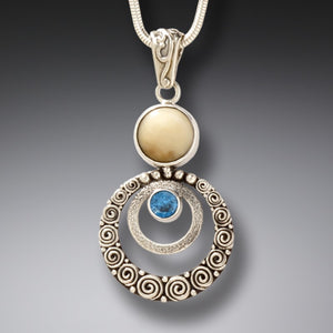 FOSSILIZED MAMMOTH TUSK SILVER BLUE TOPAZ PENDANT NECKLACE, HANDMADE - RIPPLES