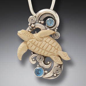 "Turtle Spirit" Fossilized Mammoth Tusk, Blue Topaz, and Sterling Silver Pendant