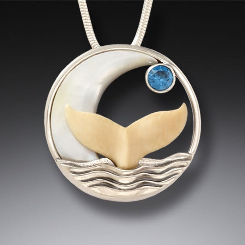 "Whale Song" Ancient Fossilized Mammoth Tusk and Blue Topaz Sterling Silver Pendant