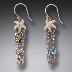 "Sea Garden" Ancient Fossilized Walrus Tusk, Peridot, Blue Topaz and Sterling Silver Earrings