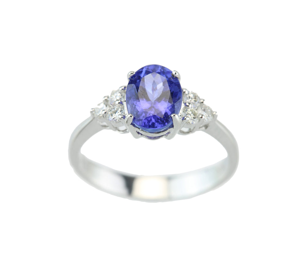 1.64 Carat Oval Tanzanite with Six Full Cut Diamonds 18kt White Gold Ring