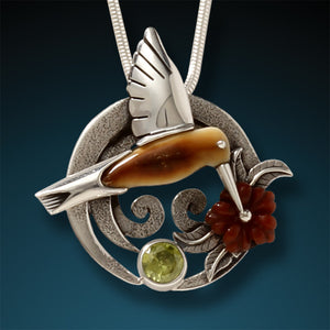 FOSSILIZED WALRUS TUSK SILVER HUMMINGBIRD NECKLACE WITH PERIDOT - SIPPING NECTAR