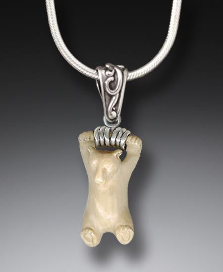 "Hanging Bear" Ancient Fossilized Mammoth Tusk Silver Pendant