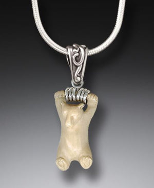 "Hanging Bear" Ancient Fossilized Mammoth Tusk Silver Pendant
