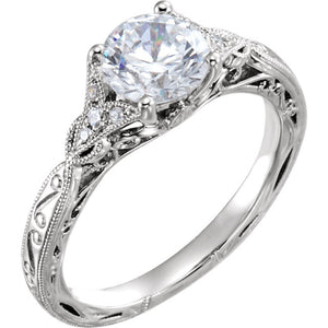14K White 6.5mm Round .06 CTW Diamond Semi-set Hand-Engraved Engagement Ring 652427