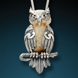 "Wise One" Ancient Fossilized Walrus Tusk Ivory Silver Owl Pendant