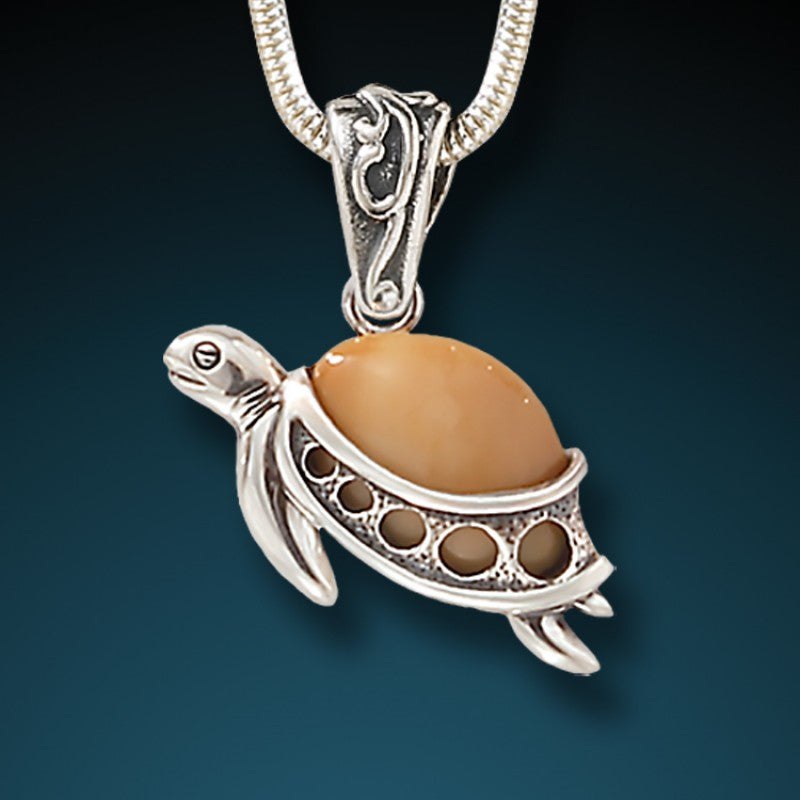 "Turtle Hatchlings" Fossilized Walrus Tusk and Sterling Silver Pendant