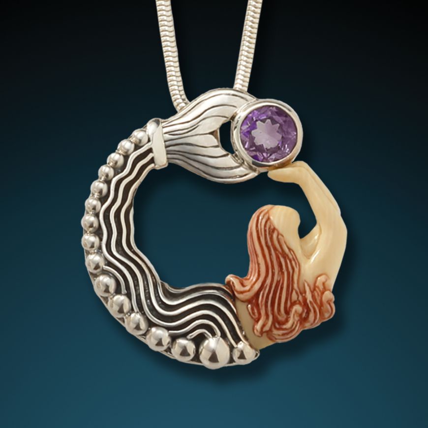 "MERMAID WITH AMETHYST" FOSSILIZED MAMMOTH TUSK WITH STERLING AND AMETHYST