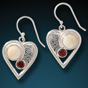 "Heartbeat" Fossilized Mammoth Tusk Garnet and Sterling Silver Earrings