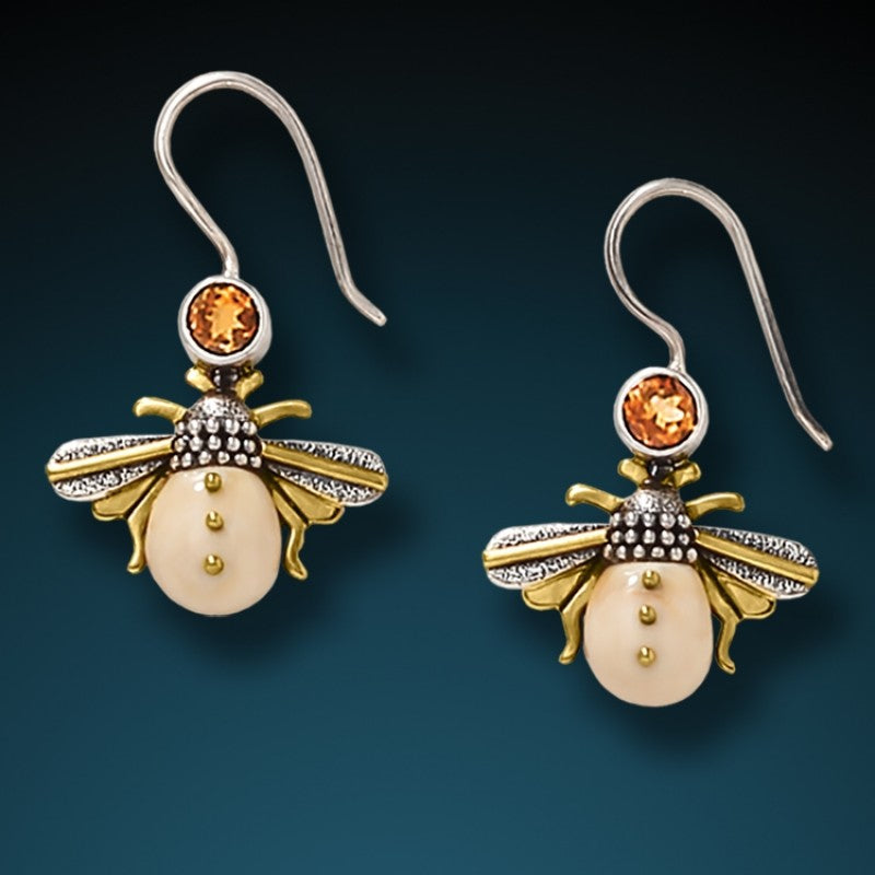 "Honeybee" Fossilized Walrus Tusk Citrine and Sterling Silver Earrings