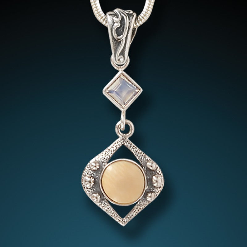 "Night Rain" Fossilized Walrus Tusk and Moonstone Sterling Silver Pendant