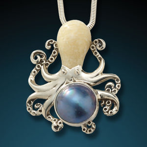 "OCTOPUS WITH MABE"  FOSSILIZED WALRUS IVORY OCTOPUS WITH MABE PEARL