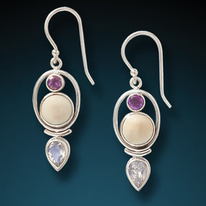 "Finding Balance" Fossilized Mammoth Ivory, Amethyst, Moonstone and Sterling Silver Earrings