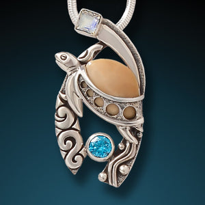 "Wave Rider" Fossilized Walrus Tusk, Blue Topaz, Moonstone and Sterling Silver Pendant