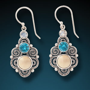 "Stardust" Fossilized Walrus Tusk, Blue Topaz, and Moonstone and Sterling Silver Earrings