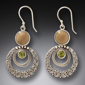 FOSSILIZED WALRUS IVORY HANDMADE SILVER DANGLING EARRINGS WITH PERIDOT - RIPPLES