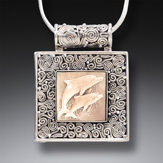 MAMMOTH IVORY TUSK DOLPHIN LOCKET, HANDMADE SILVER - DOLPHIN PLAY