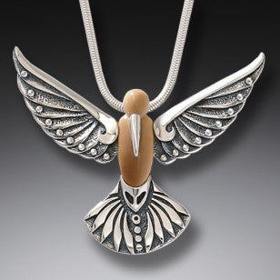 "Winged Song" Ancient Fossilized Walrus Tusk Silver Hummingbird Pendant