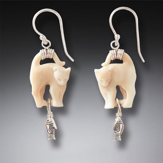 ANCIENT IVORY AND SILVER CAT EARRINGS - CAT'S MEOW