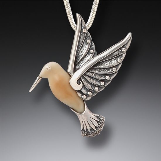 FOSSILIZED WALRUS TUSK AND SILVER PENDANT - HUMMINGBIRD II