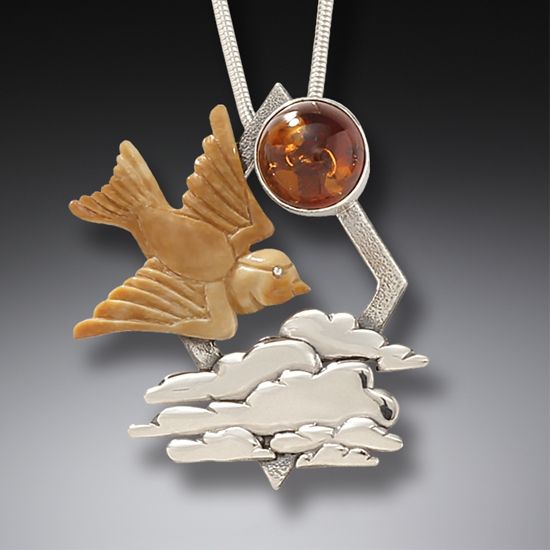 FOSSILIZED WALRUS TUSK BIRD NECKLACE SILVER AND AMBER - DAWN FLIGHT