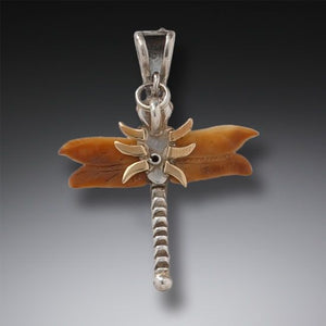 FOSSILIZED WALRUS TUSK SILVER DRAGONFLY PENDANT NECKLACE WITH 14KT GOLD FILL - DRAGONFLY