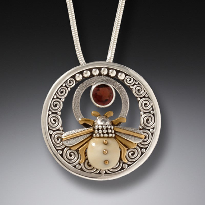 FOSSILIZED WALRUS TUSK SILVER HONEY BEE NECKLACE WITH GARNET - BEE INSPIRED