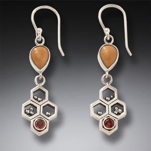 "Honeycomb" Ancient Fossilized Walrus Tusk and Garnet Silver Earrings