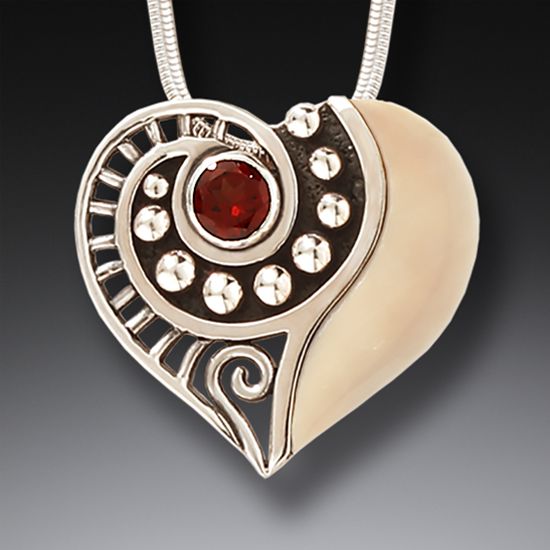 "Inner Fire" Fossilized Walrus Tusk and Garnet Sterling Silver Pendant