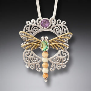 "Garden Visitor" Fossilized Walrus Tusk, Amethyst, Paua Shell and Sterling Silver Pendant