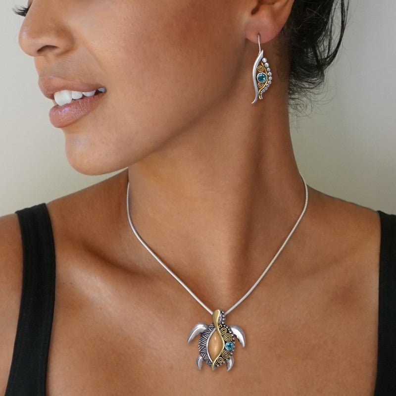 "Jeweled Turtle" Ancient Fossilized Walrus Ivory Tusk, Blue Topaz, 14KT Gold Fill and Sterling Silver Pin or Pendant