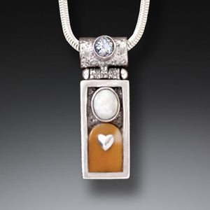 Heart Motif - Fossilized Walrus Tusk Silver Motif Necklace with Rainbow Moonstone