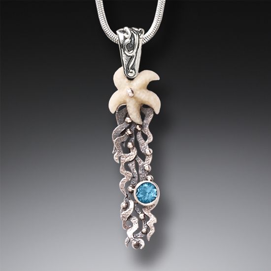 "Sea Garden" Ancient Fossilized Walrus Tusk, Blue Topaz and Sterling Silver Pendant