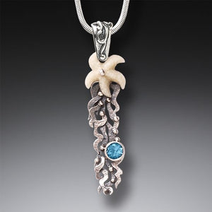"Sea Garden" Ancient Fossilized Walrus Tusk, Blue Topaz and Sterling Silver Pendant