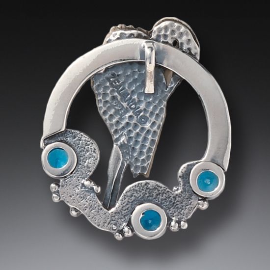 "Egret in Flow" Ancient Fossilized Mammoth Tusk and Blue Topaz Silver Pendant