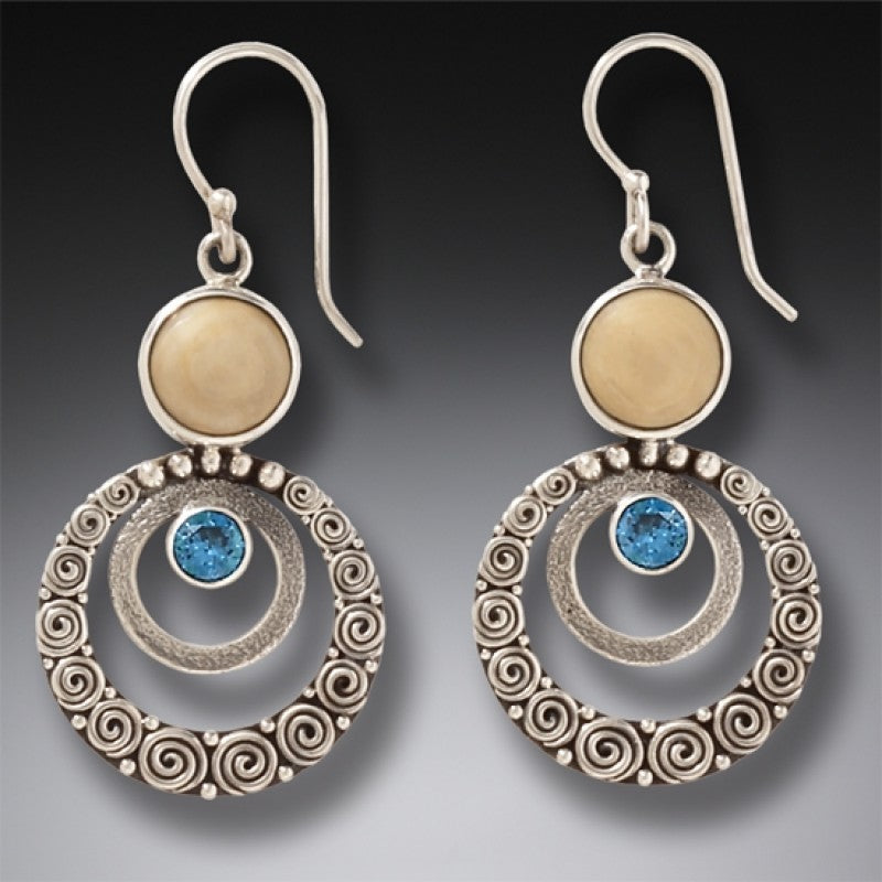 "Ripples" Fossilized Walrus Ivory and Blue Topaz Sterling Silver Earrings