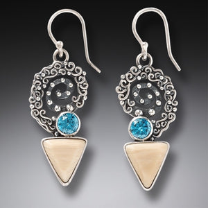 "Winds of Change" Fossilized Mammoth Ivory and Blue Topaz Sterling Silver Earrings