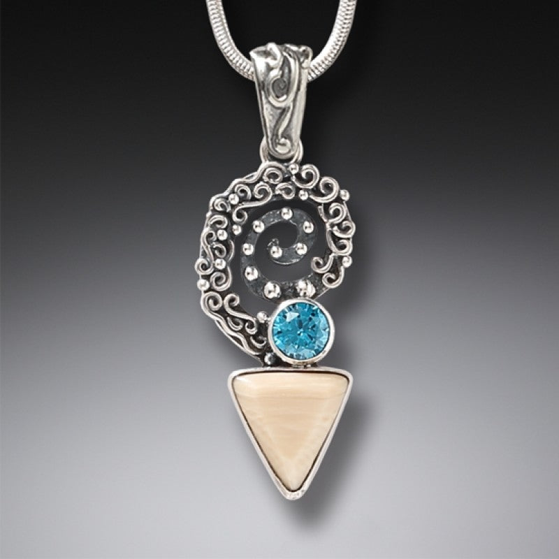 "Winds of Change" Ancient Fossilized Mammoth Tusk and Blue Topaz Sterling Silver Pendant
