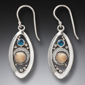 BLUE TOPAZ AND FOSSILIZED WALRUS IVORY EARRINGS – MICROCOSM